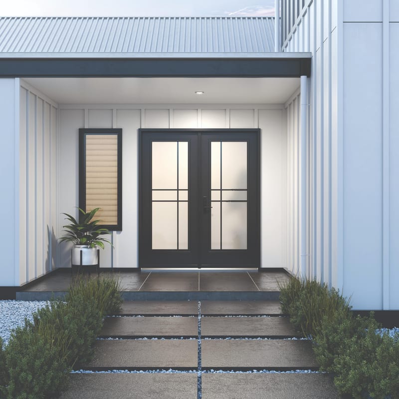 An entry door with Equation sandblast glass